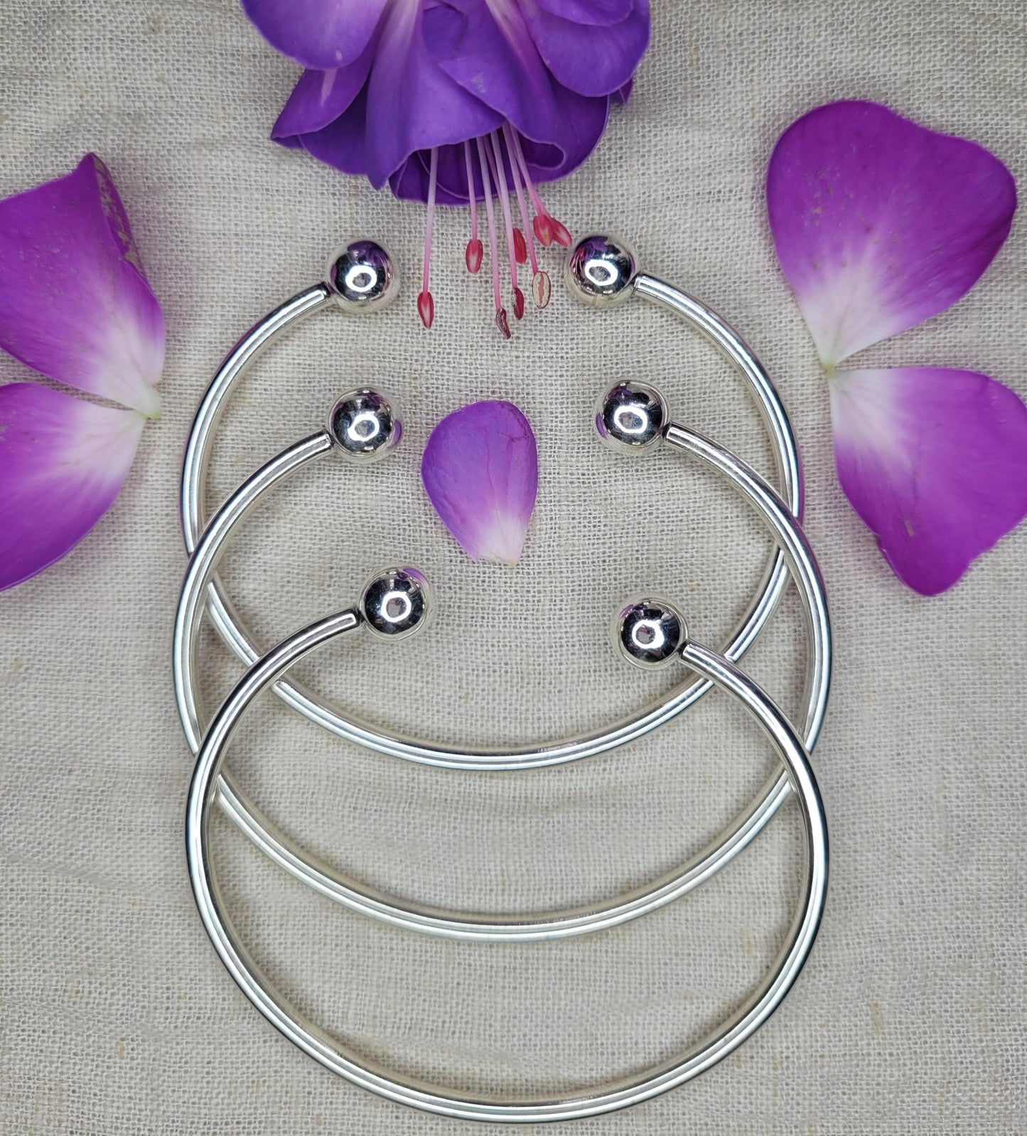925 Silver Chunky Torque Bangle, Double Ball Bracelet, Open Cuff