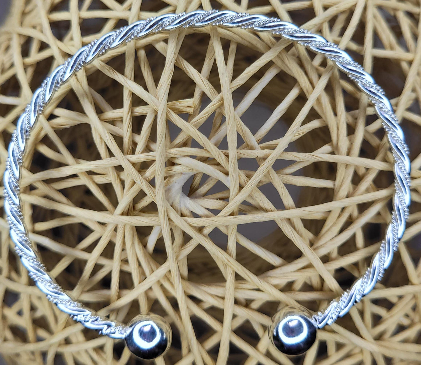 925 Silver Twisted Sparkly Chunky Torque Bangle , Double Ball Bracelet, Open Cuff Bracelet, Solid Silver -BCT2