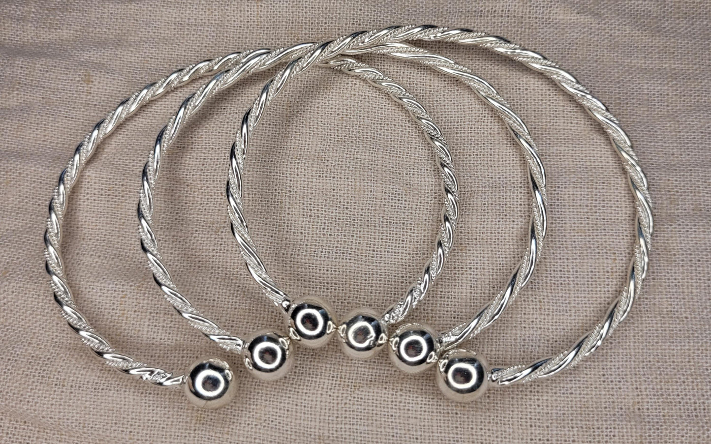 925 Silver Twisted Sparkly Chunky Torque Bangle , Double Ball Bracelet, Open Cuff Bracelet, Solid Silver -BCT2