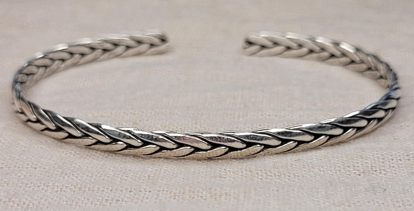 925 Solid Silver Adjustable Celtic Cuff Bangle Bracelet, Braided Twist Style Bracelet, Viking Style Braid - BCC2