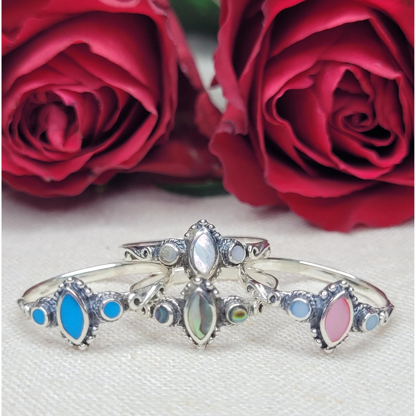 Elegant 925 Silver Marquise Cut Stone Rings, Available in Jade, Abalone Shell and Mother of Pearl -RSTD