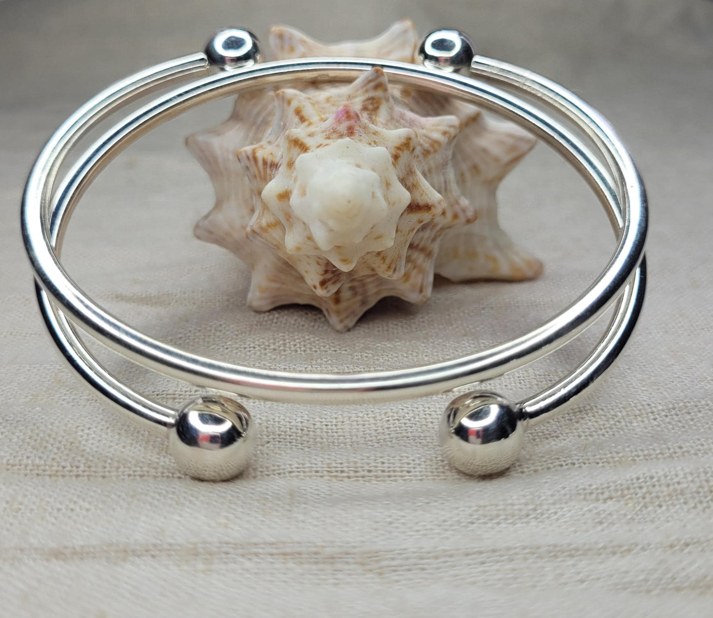 925 Silver Chunky Torque Bangle, Double Ball Bracelet, Open Cuff