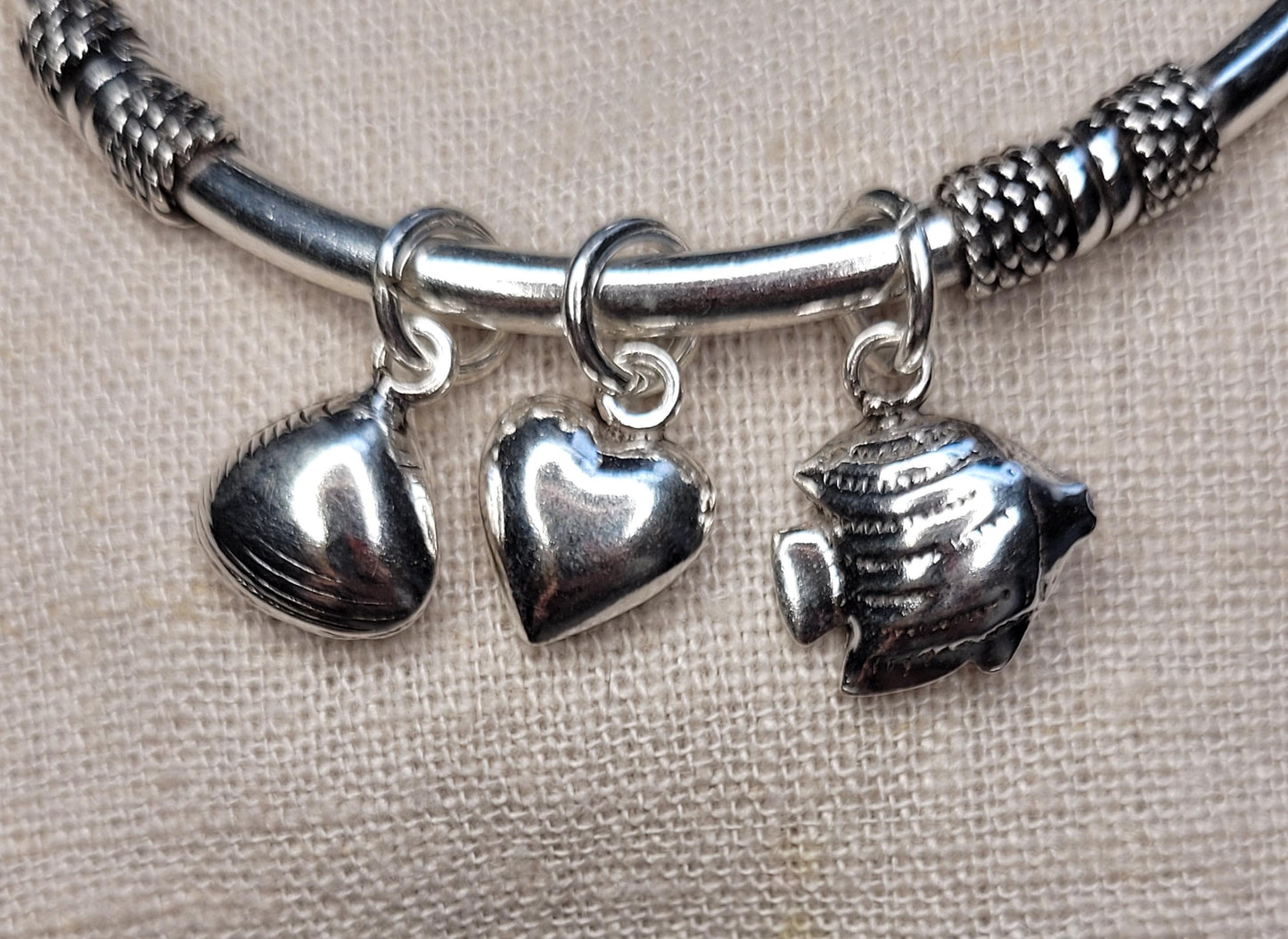 925 Silver Chunky Torque Bracelet with Charms (Fish, Shell & Heart) , Double Ball Bracelet, Open Cuff - BCT3