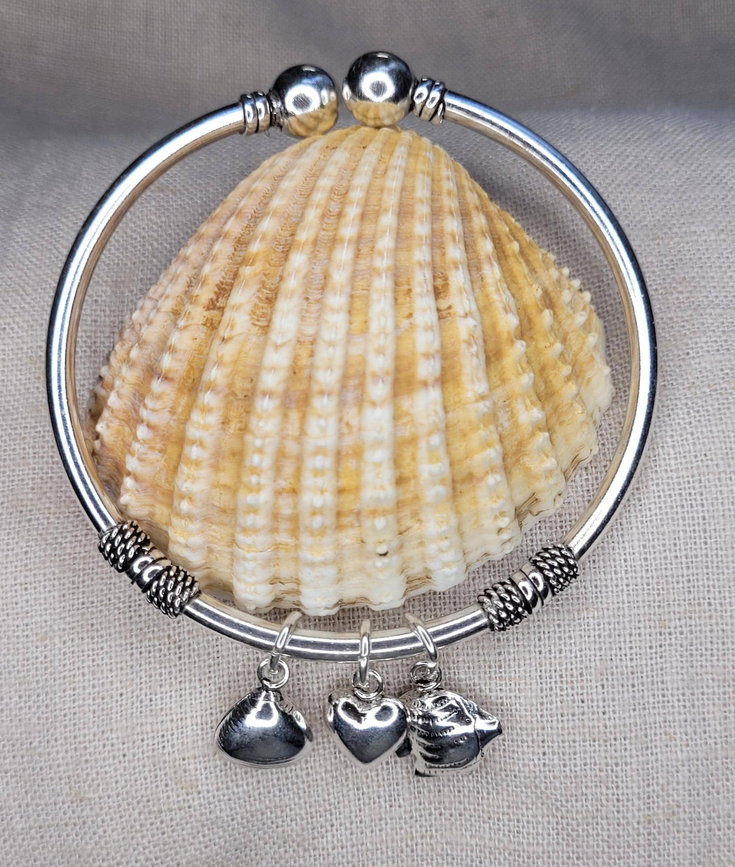 925 Silver Chunky Torque Bracelet with Charms (Fish, Shell & Heart) , Double Ball Bracelet, Open Cuff - BCT3