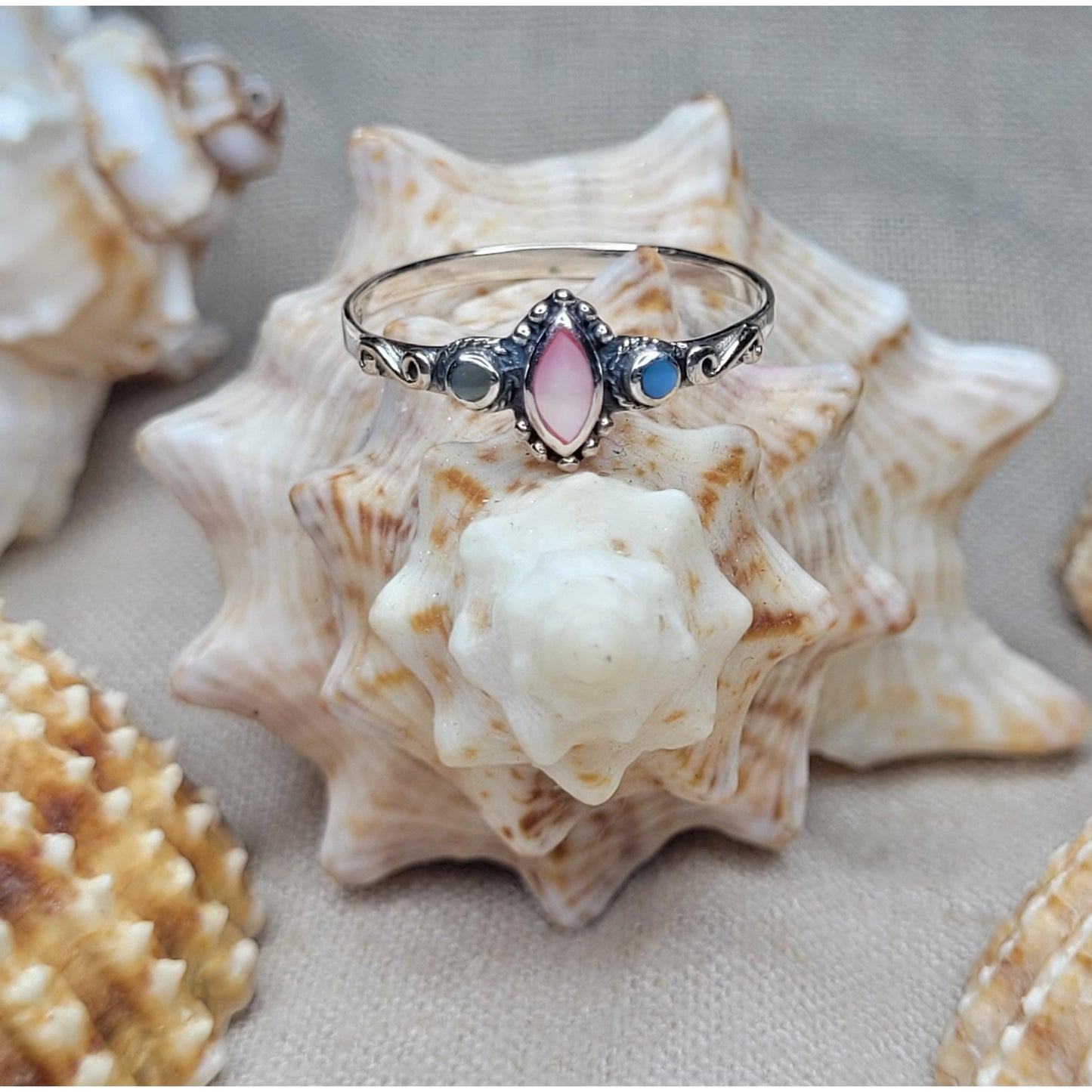 Elegant 925 Silver Marquise Cut Stone Rings, Available in Jade, Abalone Shell and Mother of Pearl -RSTD
