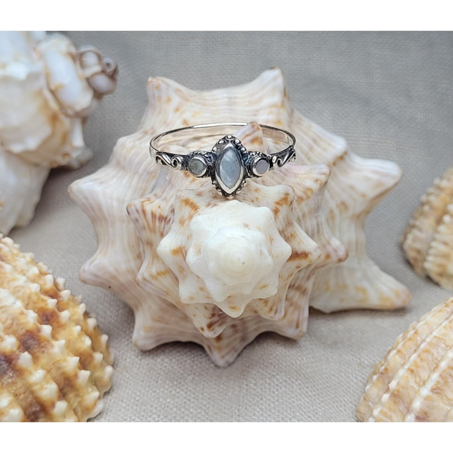Elegant 925 Silver Marquise Cut Stone Rings, Available in Jade, Abalone Shell and Mother of Pearl -RSTD