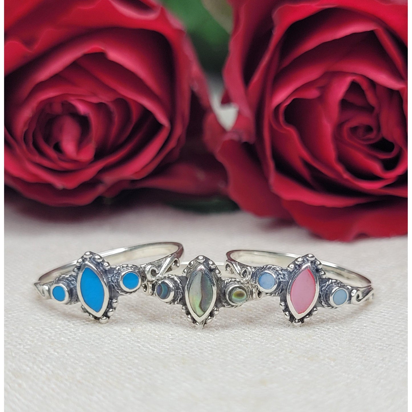 Elegant 925 Silver Marquise Cut Stone Rings, Available in Jade, Abalone Shell and Mother of Pearl -RSTD