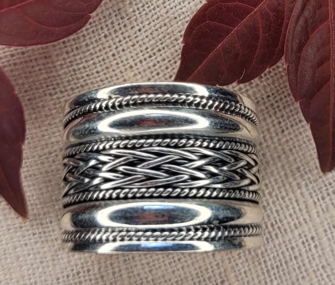Chunky Barrel Weave Ring - 925 Silver Bali Style Wide Band Thumb Ring - RCB1