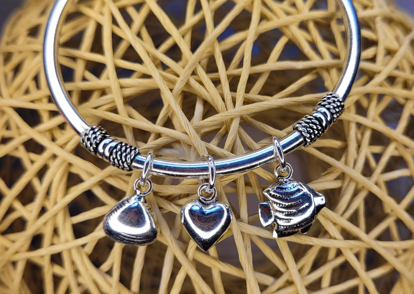 925 Silver Chunky Torque Bracelet with Charms (Fish, Shell & Heart) , Double Ball Bracelet, Open Cuff - BCT3