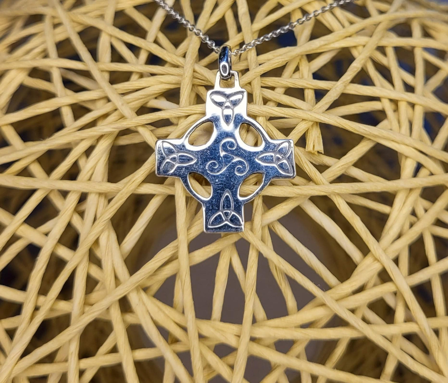 Celtic Cross Pendant on 925 Silver Necklace with Triskelion and Triquetra Symbols, 925 Silver- NC2