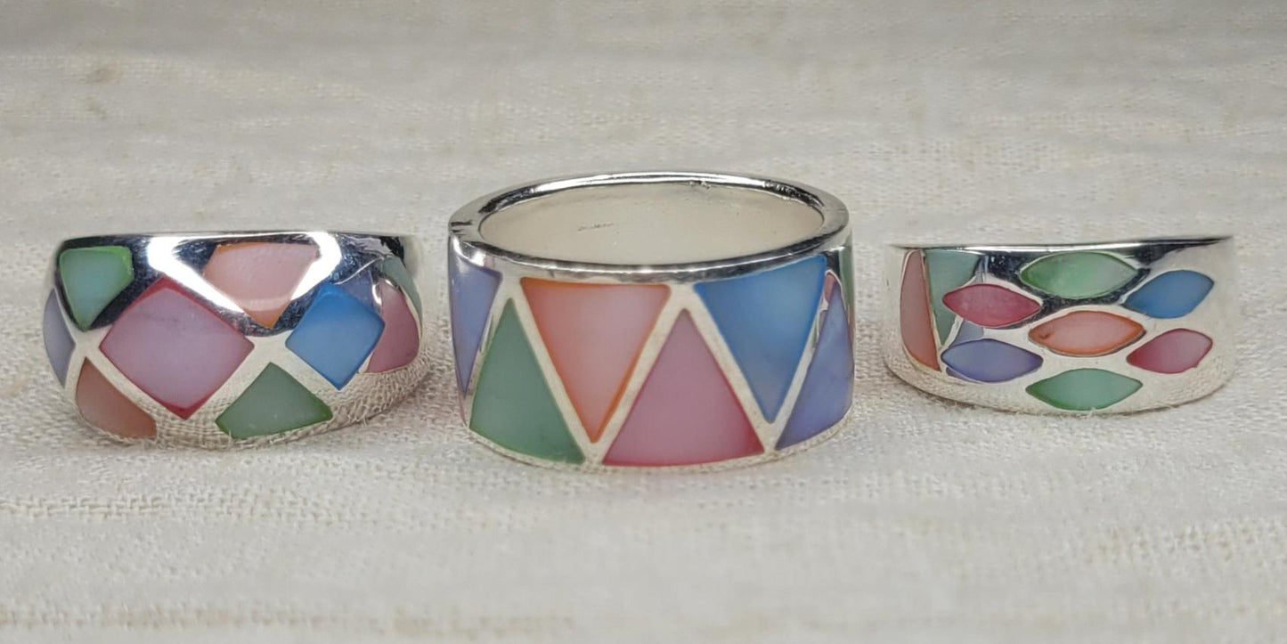 Geometric Colour Block Mother of Pearl Rings, 925 Silver Chunky Bold Ring, Wide Band Ring, Dome Ring -RC1,2,3