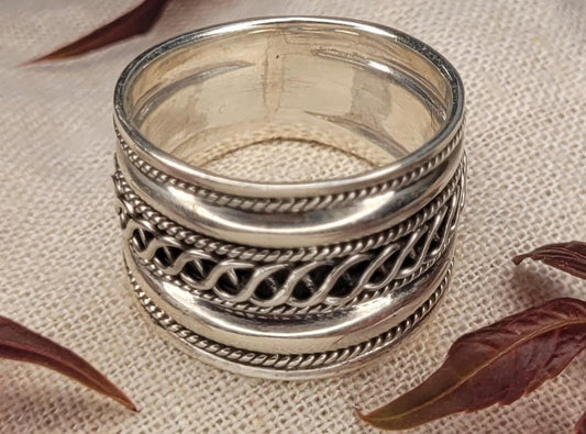 Chunky Barrel Weave & Rope Ring - 925 Silver Bali Style Wide Band Thumb Ring - RCB3