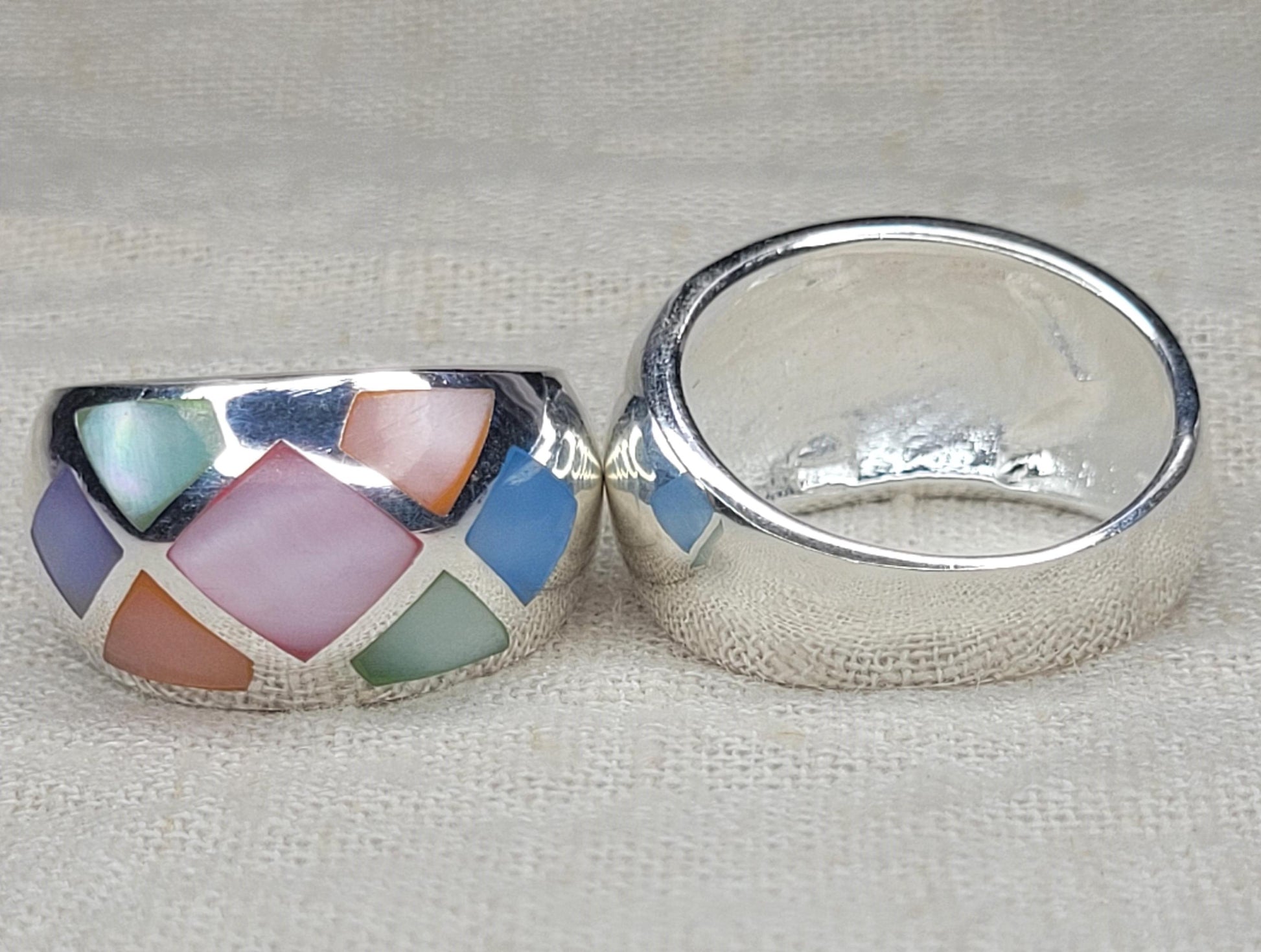 Geometric Colour Block Mother of Pearl Rings, 925 Silver Chunky Bold Ring, Wide Band Ring, Dome Ring -RC1,2,3